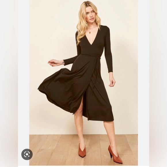 Reformation Jeans Maurie Wrap Midi Dress in Black   Sz: XS - Picture 1 of 14